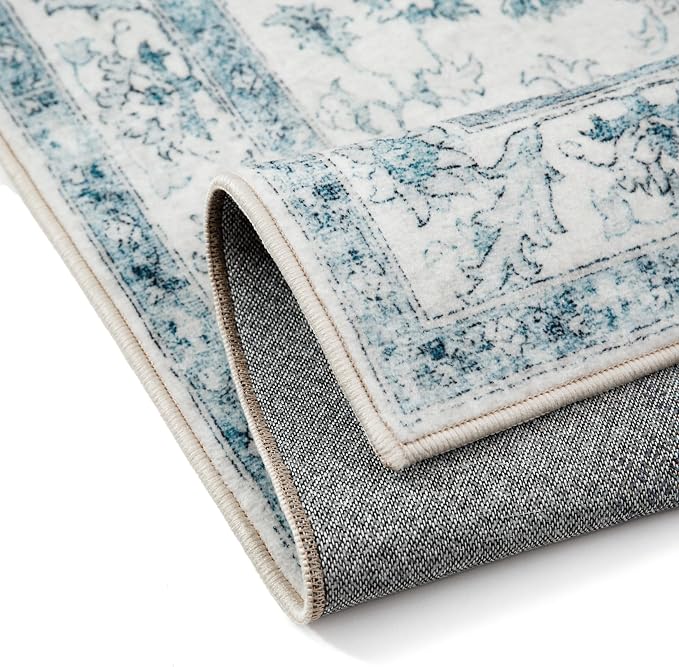 PureCozy Blue Area Rug 2x3 Washable Vintage Small Carpet for Entryway Kitchen Soft Retro Low Pile Thin Door Mat Non Slip Oriental Medallion Throw Rug for Bathroom Office Bedroom Dining Room