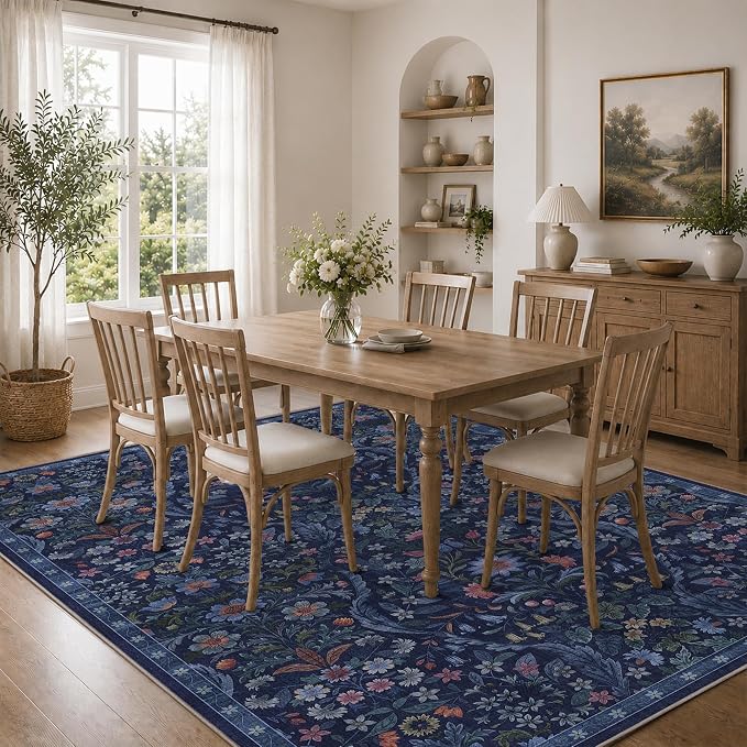 5×7 Washable Floral Area Rug, Vintage Boho Soft Low-Pile Living Room Rugs, Stain-Resistant Blue Botanical Non-Slip Carpet for the Bedroom, Dining Room, Kids' Nursery, and Home Decor