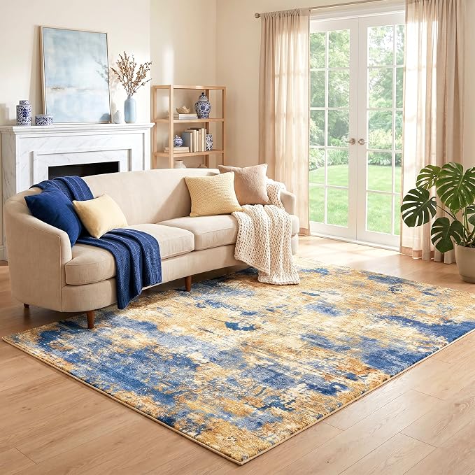 Washable Area Rug for Home Office Under Desk, 5'x7', Navy & Gold | 0.3" Low Pile Abstract Rug, 100% Cotton-Backed, Non-Slip Silicone Backing, Stain & Water Resistant, Pet & Kid Friendly