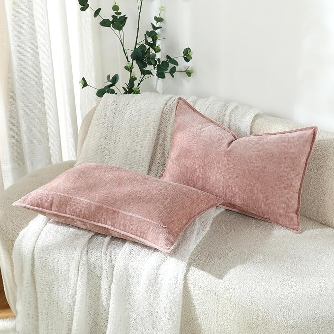 Stellhome Set of 2 Pink Decorative Pillow Covers Super Soft TextureLumbar Chenille Throw Pillow Covers Accent Solid Cushion Cover for Couch Sofa Bedroom Living Room 12x20 Inch