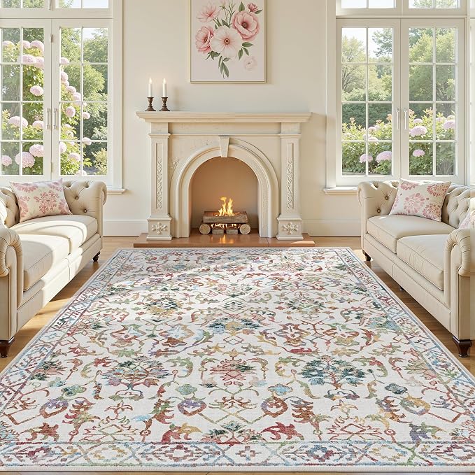 Colorful Area Rugs 5x7 for Living Room, Machine Washable Rugs for Bedroom, Vintage Living Room Rug, Rug Non Slip Carpet Cream Green Area Rug for Bedroom Dining Room