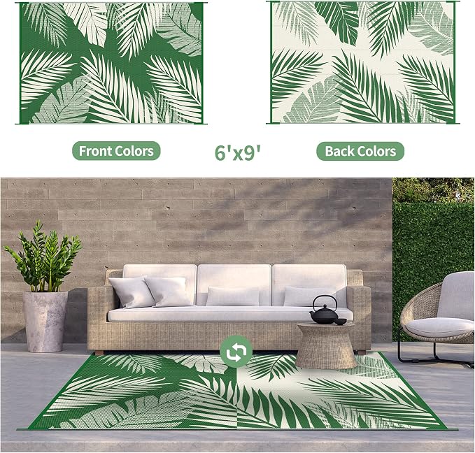 GENIMO Outdoor Rug, Waterproof Plastic Rugs for Patio, 6'x9' Dark Green | Outside Larger Leaf Carpet Mat for Porch Decor, Deck, Balcony, Camping, RV, Backyard, Picnic, Beach, Reversible, Foldable