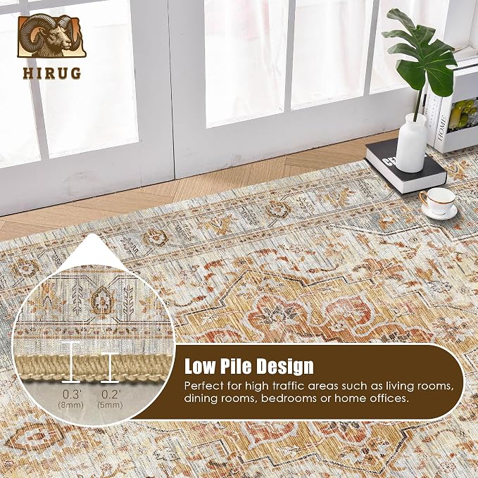 Washable Area Rug 6' x 9' Vintage Traditional Persian Mat - Foldable Distressed Non-Slip Machine Washable Carpet for Living Room Bedroom Kitchen Home Decor - Dove Gray and Coral