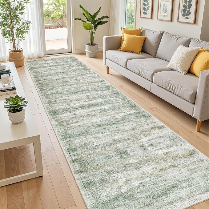 2x12 Runner Rug Non Slip,Washable Hallway Runner Rug,Green | Long Neutral Rugs for Kitchen,Entryway,Bedroom,Bathroom,Laundry Room,Thin,Soft Runner Rug,Stain Resistant Indoor Carpet