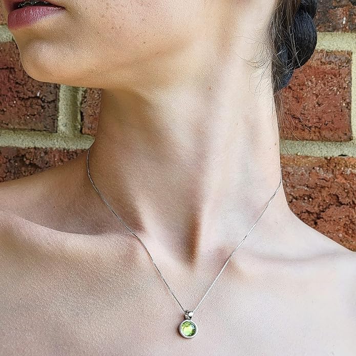 Natural gemstone 8mm round pendant with white gold over 925 sterling silver bezel cabochon plate and box chain, real genuine dainty birthstone gift for her, uniquelan jewelry