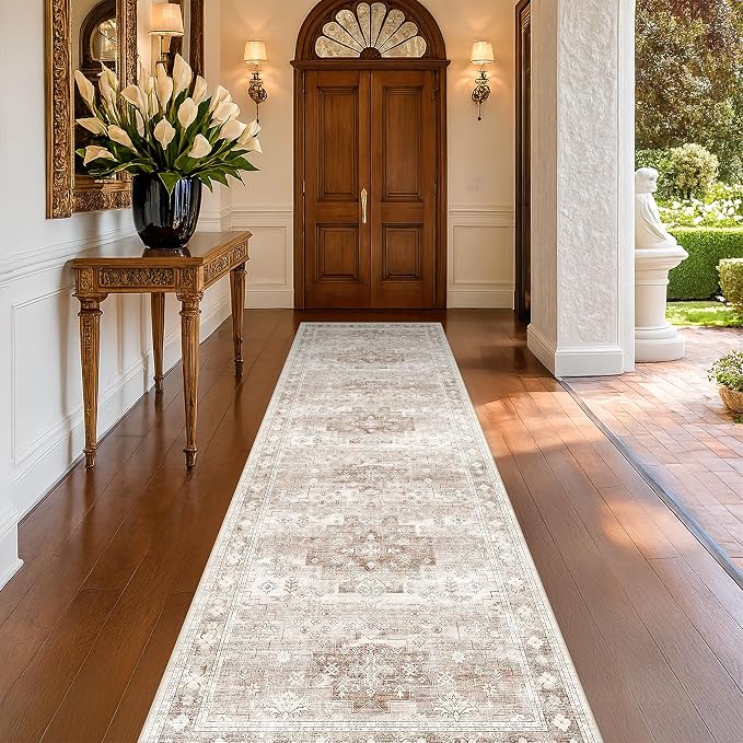 Hazo Haus Boho Washable 3x10 Hallway Runner Rug, Beige Waterproof Large Kitchen Floor Rug Indoor, Non-Slip Stain & Fade Resistant, Vintage Floral Décor (3x10 Beige/Latte)