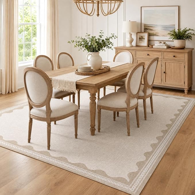 GarveeHome Scalloped Beige Washable Rugs 10x13 Rug for Living Room Non-Slip Solid Modern Minimalism 10 x 13 Rug Low-Pile Carpet for Bedroom Dining Nursery Mat with Rubber Back