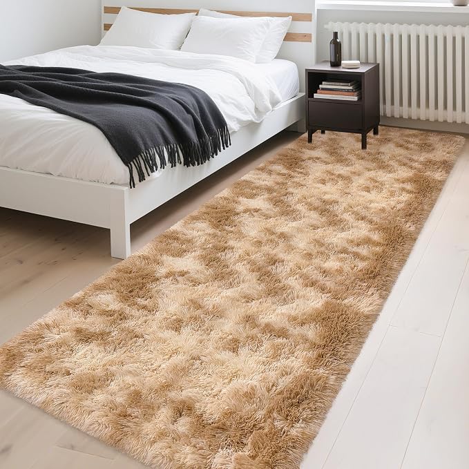 3x10 ft Plush Tie Dyed Light Brown Rug Soft Bedroom Runner Fluffy Cream and Brown Rug for Bedroom Bedside Living Room Hallway Nursery Kids Home Decor Shag Carpet