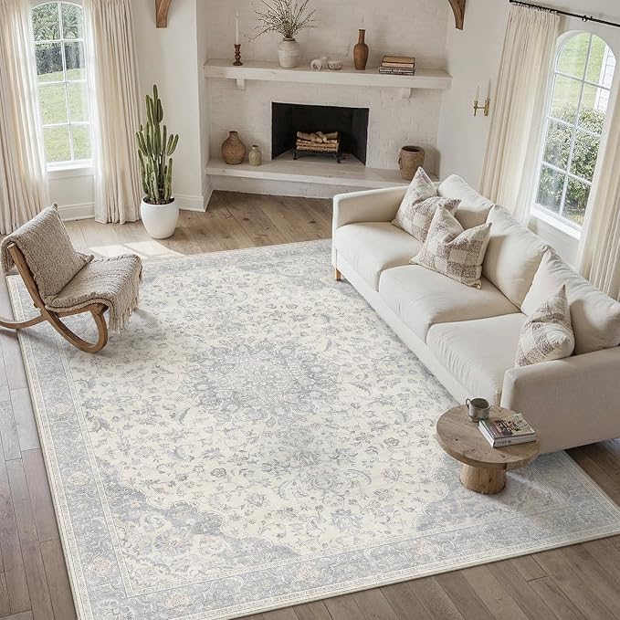 PureCozy 6x9 Area Rug Washable Neutral Gray Vintage Floral | Non Slip, Soft Low Pile, Indoor Carpet for Living Room, Bedroom, Dining Room, Farmhouse Decor