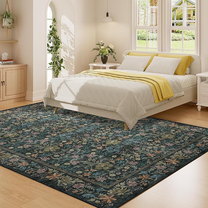 DUKINO 6x9 Area Rug, Vintage Floral Washable Rugs for Living Room, Blue | Non Slip, Low Pile, Non-Shedding, Soft Indoor Large Carpet for Bedroom, Office, Dining Room, Farmhouse, Nursery, Home Decor