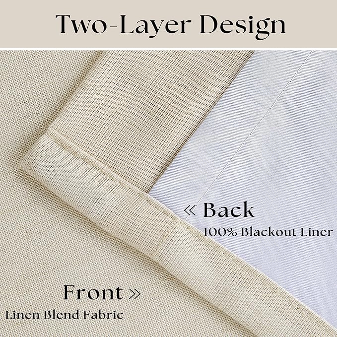 Cream Beige Pleated 100% Blackout Linen Curtains 108 Inches Long Set of 2 | Black Out Noise Reducing, for Living Room Bedroom Patio Sliding Door, Memory Shape Trained, Pinch Pleat Rings Hooks Back Tab