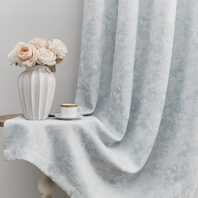 Beauoop Blue Floral Jacquard Blackout Curtains for Bedroom 52x96 2 Panels | Flower Chenille Room Darkening Drapes for Living Room 96 Inch Long Thermal Insulated Soundproof Window treatment Grommet