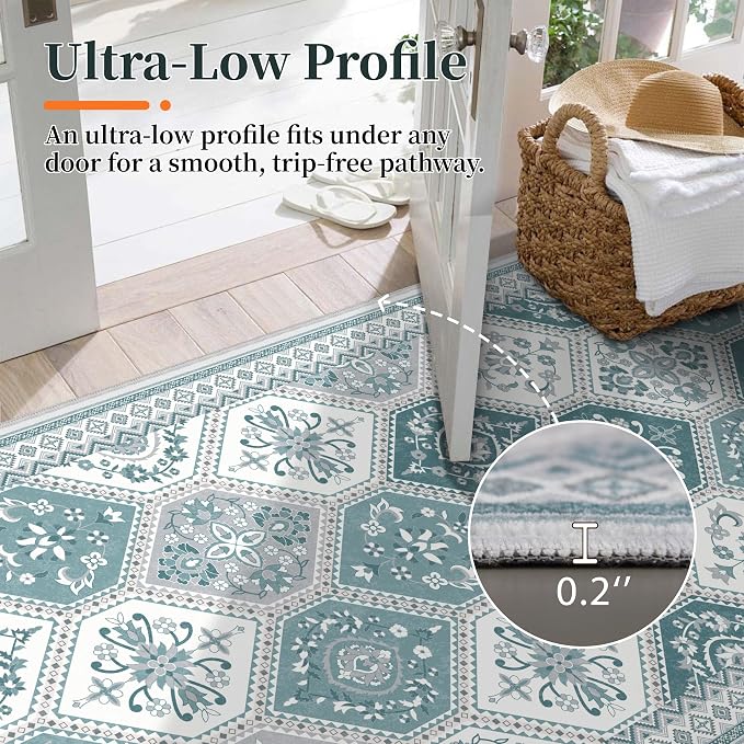 2x6 Teal Rugs, Soft Non-Slip Boho Moroccan Rug Runner, Low-Pile Printed Indoor Runners for Entryway, Hallways, Kitchen, Laundry Room, Bedside- Teal
