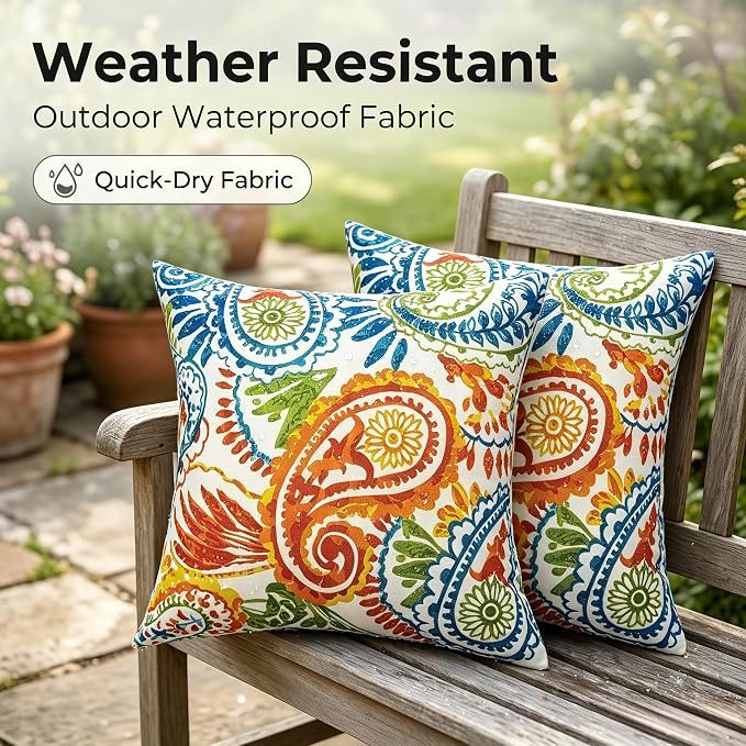 JMGBird Outdoor Patio Pillows Waterproof Outdoor Pillow Inserts Included | 18x18 Orange Throw Pillows with Inserts Sunbrella Pillows Paisley Print Decorative Pillows for Couch ,Patio Furniture