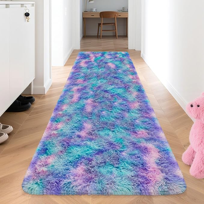 Purple Rainbow Rug for Girls Bedroom Bedside Runner 3x10 Ft, Soft Fluffy Rugs for Kids Room Shag Carpet for Living Room Playroom Nursery Dorm Stitch Bedroom Decor Colorful Kawaii