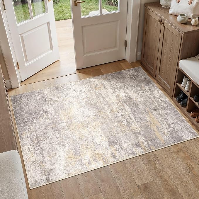 cotiled 3x5 Washable Rug Abstract Soft Non Slip Entryway Rugs | Stain Resistant, Robot Vacuum & Pet Friendly, Low-pile, For Living Room, Bedroom, Dining Table, Nursery Gold/Grey/Brown