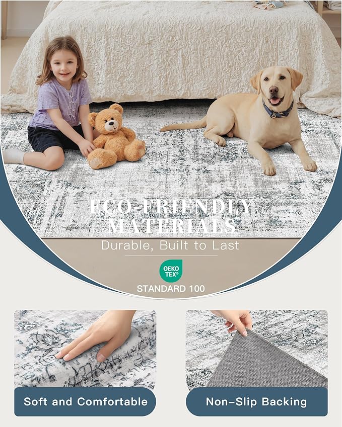 Madane 6x9 Area Rugs for Living Room, Machine Washable Vintage Rug with Non-Slip Backing, Soft Throw Large Rug, Thin Carpet for Bedroom Dining Room Farmhouse Under Table, Blue/Grey