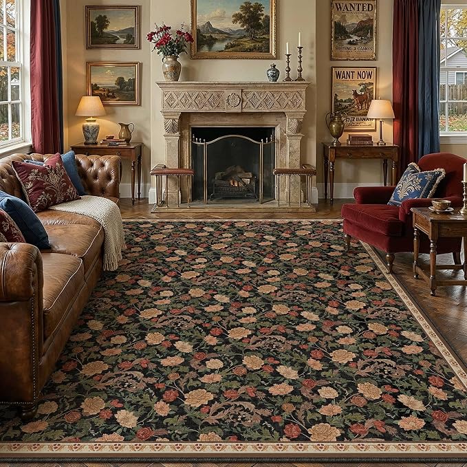 HUGEAR Retro Area Rugs 8x10 Washable Living Room Bedroom Rugs Vintage Floral Throw Carpet Black Brown Stain Resistant Non Slip Low Pile for Home Aesthetic Modern Decor