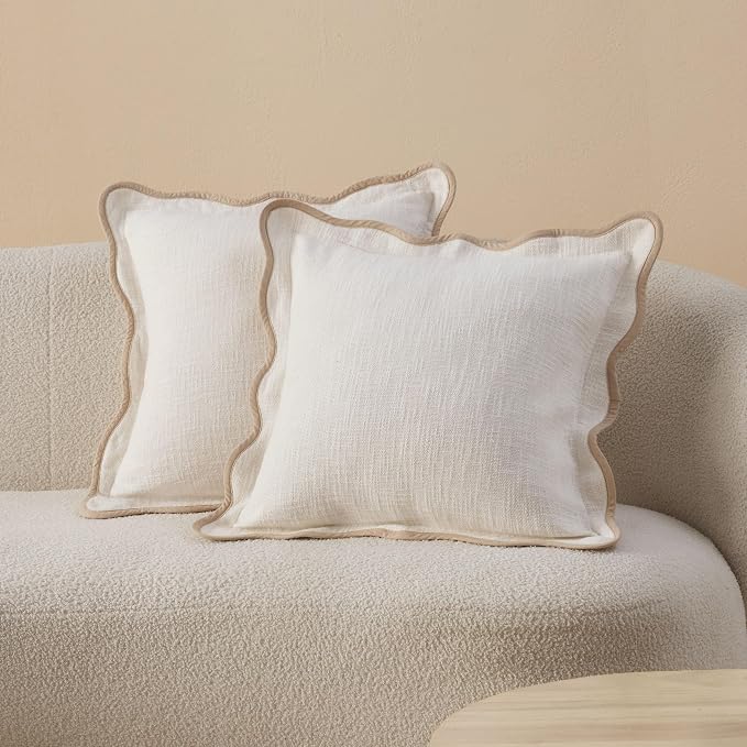 Double Stitch Scalloped Throw Pillow Covers - 100% Cotton Set of 2 Decorative Boho Pillow Covers 18 x 18, Made in India, Square Cushion Case, Modern Home Decor for Couch Sofa Living Room, Cream