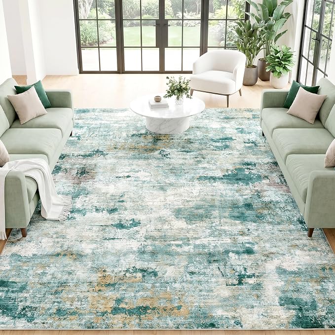 Washable Water & Stain Resistant Area Rug, Nature Scandi Abstract, 0.3" Low Pile, Non-Slip Silicone Backing, Living Room Bedroom, 8'x10', Sage Green