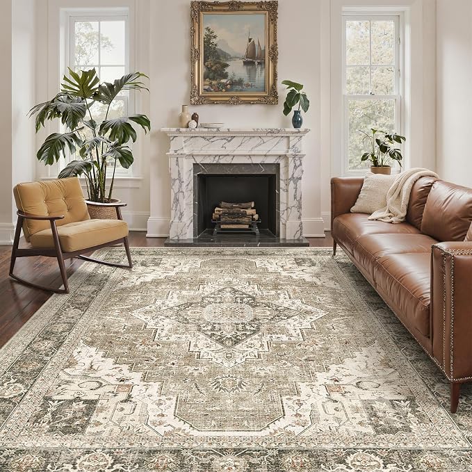 Roxstand 6x9 Washable Area Rug, Non Slip Living Room Rug Brown/Beige | Low Pile Vintage Rug, Stain Resistant, Non-Shedding Design, Pet & Kid Friendly, Carpet for Bedroom, Dining Room Office