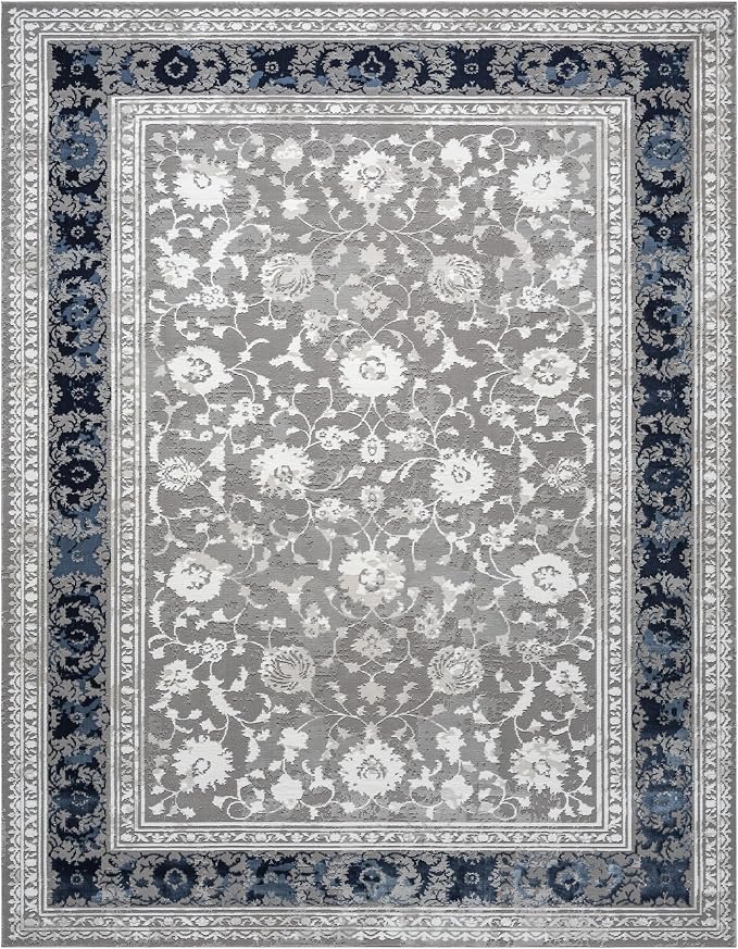 Amber Traditional Floral Area Rug for Living Room, 8x10 Vintage Persian-Inspired Large Blue Rug, Medium Pile Stain Resistant Carpet for Bedroom, Dining Room or Kitchen (8' x 10', Blue)