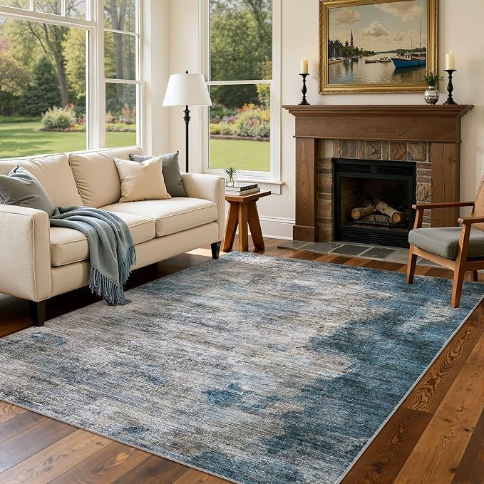 DMOYEST 10x12 Area Rug for Living Room, Washable & Non Slip Large Indoor Carpet, Kid & Pet Friendly Soft Thin Low Pile Abstract Rug for Bedroom and Office - Dark Grey