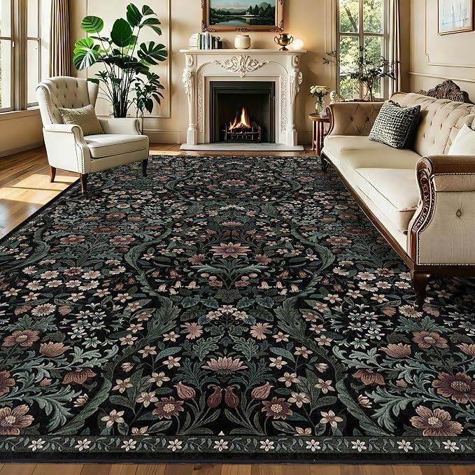 10x14 Black Vintage Floral Area Rug,Washable Large Boho Living Room Rugs,Botanical Print Non-Slip Stain Resistant Lightweight Carpet for Bedroom Dining Room Nursery