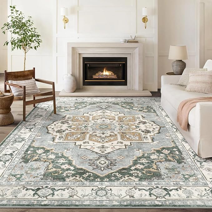 10x12 Washable Area Rug: Vintage Neutral Soft Non Slip Thin Large Floor Carpet for Living Room Bedroom Kitchen Dining Room Home Office Farmhouse Indoor - Green