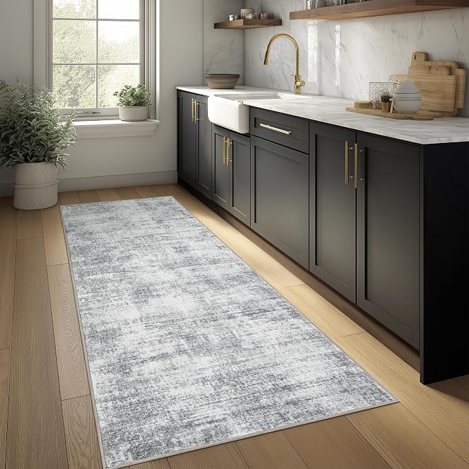 Abstract Grey Kitchen Rugs Non Slip Washable Soft Bedside Rug Runner 2x6 | Light Gray Floor Covering Carpet, for Hallway Bedroom Laundry Room, Modern Boho Minimalist, Low Pile Foldable, Rubber Backing