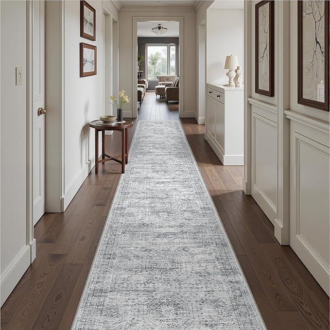 2'6 x 16' Runner Rug Non Slip,Washable Kitchen Rugs,Grey | 16ft Runner Rug for Hallway,Entryway,Bedroom,Living Room,Thin,Soft, Extra Long Rug,Stain Resistant Indoor Carpet