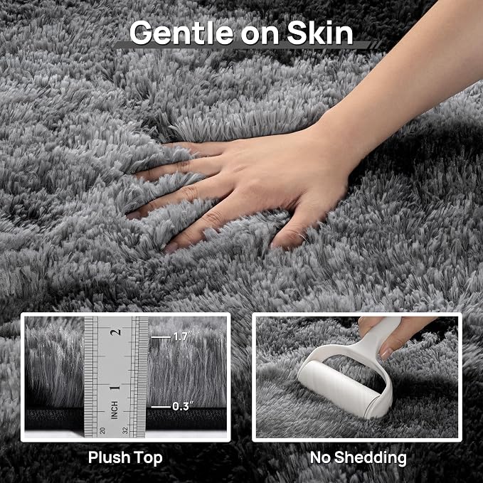 Deerhoo Large Shag Area Rugs 6 x 9, Tie-Dyed Plush Fuzzy Rugs for Living Room, Ultra Soft Fluffy Furry Rugs for Bedroom, Anti-Skid Indoor Carpet Nursery Rugs for Kids Room Home Decor, Black Gray