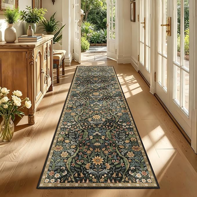 3x10 Washable Runner Rug,Black Brown Floral Boho Area Rug for Hallway,Low-Pile Non-Slip Stain Resistant Long Carpet for Kitchen, Bedside,Laundry Room,Entryway