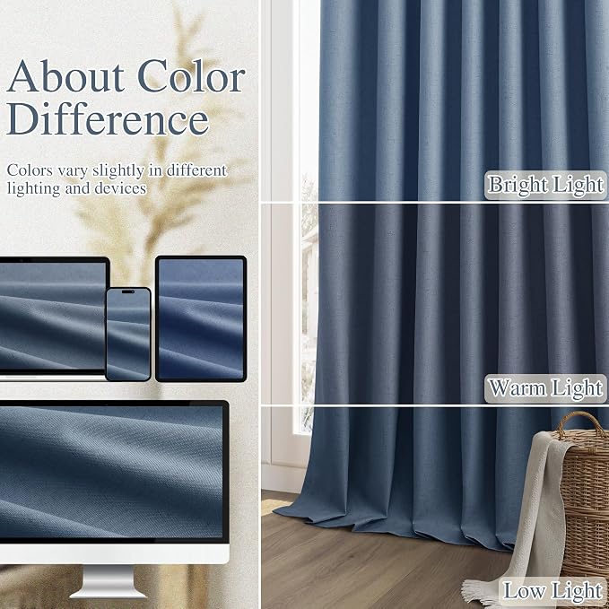 Guken 100% Blackout Curtains 108 Inch Length 2 Panels Set for Living Room Bedroom Back Tab Thermal Insulated Black Out Linen Drapes Room Darkening Window Curtains 108 Inches Long,Denim Blue