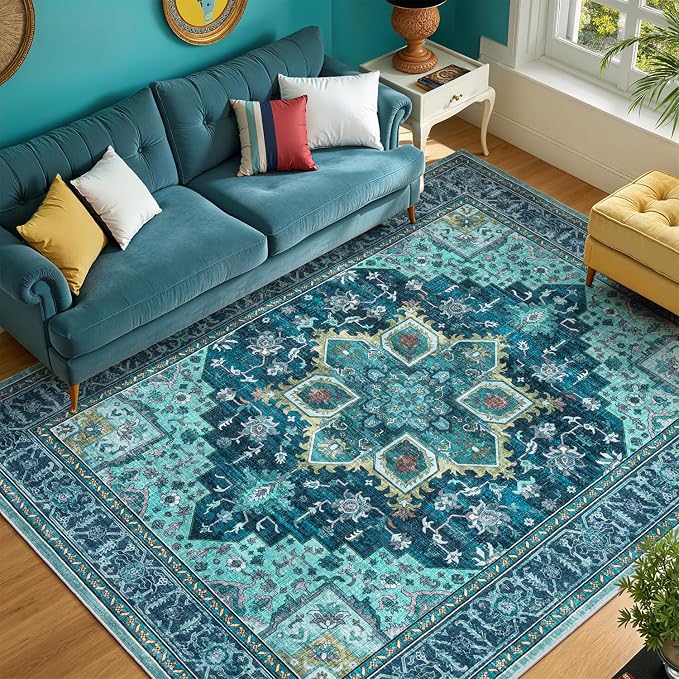 5x7 Turquoise Area Rugs for Living Room - Vintage Teal Green Boho Medallion Aesthetic Distressed Washable Rug, Soft Non-Slip Backing Low Pile Carpet for Office, Lounge, Bedroom Foot of Bed