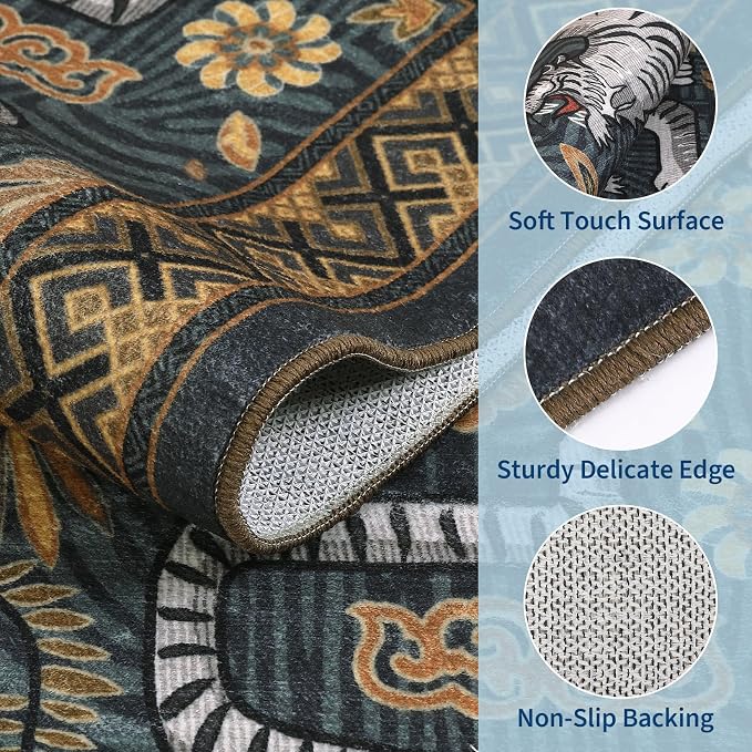 GarveeHome 4x6 Tiger Washable Area Rug for Kids Room, Boho Blue Bedroom Rug Non Slip Low Pile Vintage Tribal Carpet Stain Resistant Throw Rug for Dorm Nursery Room Playroom Office Dining Room