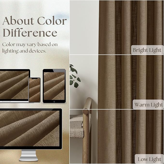 Extra Wide 108 Inch Long Curtains 70 Inch Wide Pinch Pleat Linen Curtains for Living Room Bedroom Light Filtering Privacy Pleated Drapes Hooks Rings Back Tab for Sliding Door Dutch Cocoa 1 Panel
