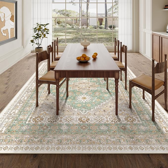 zesthome 6x9 Area Rug, Super Soft Washable Rugs for Living Room, Non-Slip Stain Resistant Vintage Rugs, Ultra-Thin Large Area Rugs (Green/Brown,6'x9')