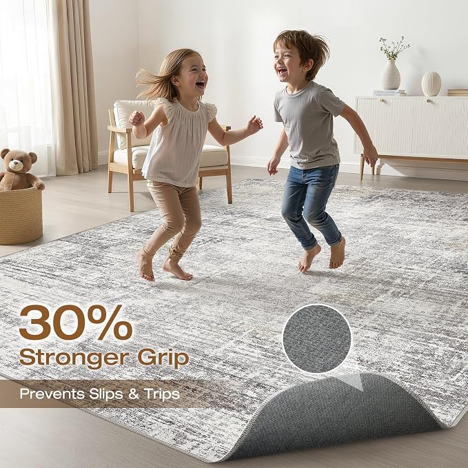 7x9 Area Rug Living Room: Washable Large Neutral Rug Abstract Soft Modern Stain Resistant Indoor Floor Non-Slip Carpet for Bedroom Nursery Kids Office Playroom Dining Room Under Table- Gray Beige