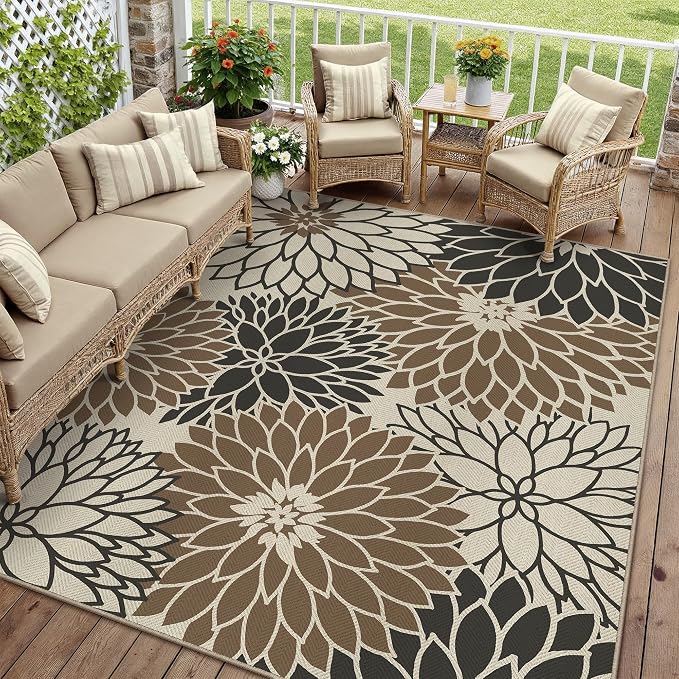 HUGEAR 8'x10' Waterproof Floral Outdoor Rug Patio Linen-Look Black Brown Floor Mat for Camping RV Outside Area Rug Deck Porch Balcony Backyard Picnic Beach Carpet Decor