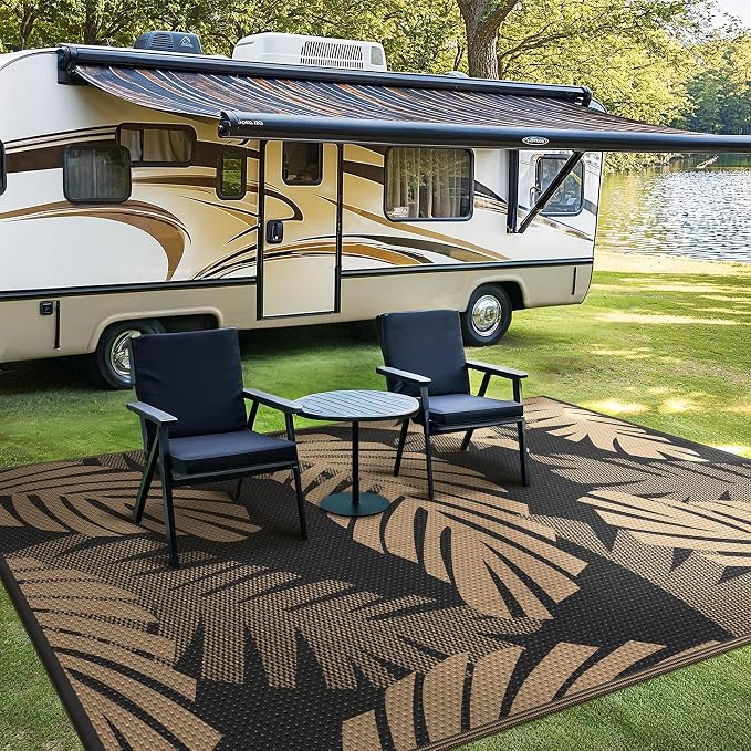 GENIMO Outdoor Rug, Waterproof Plastic Rugs for Patio, 8'x10' Black Brown | Outside Larger Leaf Carpet Mat for Porch Decor, Deck, Balcony, Camping, RV, Backyard, Picnic, Beach, Reversible, Foldable