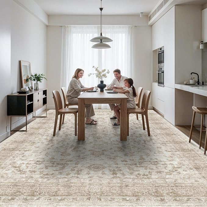 Machine Washable 12x15 Area Rug - Ultra Large Vintage Rugs with Non Slip Rubber Backing Stain Resistant Carpet for Bedroom Dining Room Indoor Soft Carpets Home Decor Flooe Mat 12x15 Beige Brown