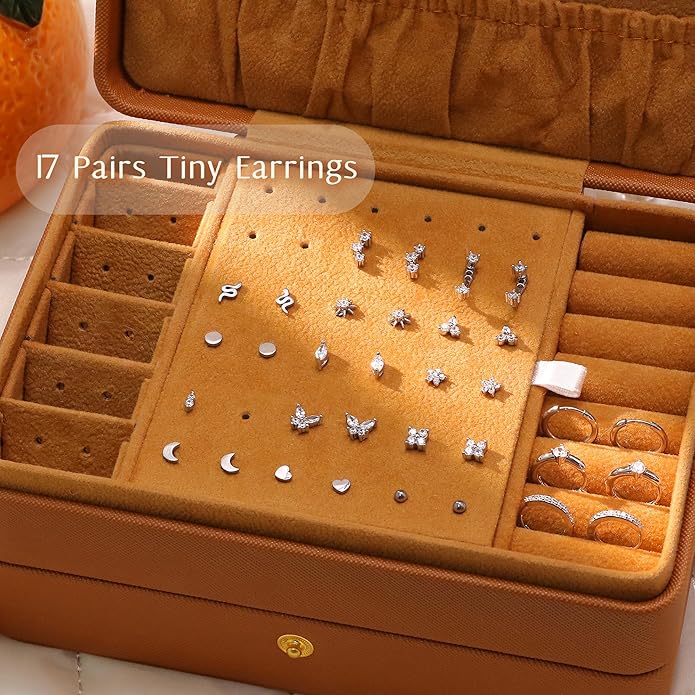 KRFY 25Pcs/17 Pairs Hypoallergenic Surgical Steel Earrings for Sensitive Ears 14K Gold Plated Flat Back Cartilage Earrings for Women Men Screw Back Flatback Stud Hoop Earring Set for Multiple Piercing