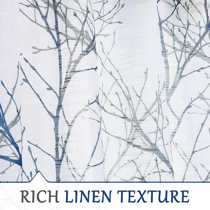 FMFUNCTEX Linen Semi Sheer Curtains for Bedroom, Blue White Curtains 108 Inches Long for Living Room, Grey Tree Branch Patterned Curtain Light Filtering Extra Long Window Drapes, Grommet Top 2 Panels | Extra Long Sheer Branch Patterned Drapes, Light Fi...