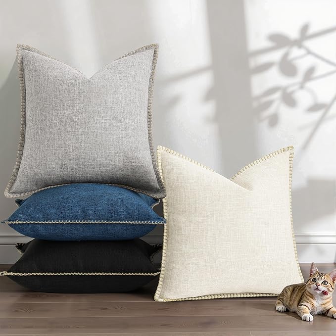 decorUhome Light Grey Faux Linen Outdoor Throw Pillow Covers 18x18 Set of 2 | Fall Decorative Textured Neutral Modern Farmhouse Pillow Covers with Stitched Edge for Couch Sofa Bed Living Room