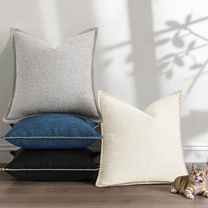 decorUhome Black Faux Linen Outdoor Throw Pillow Covers 26x26 Set of 2 | Fall Decorative Textured Neutral Modern Farmhouse Pillow Covers with Stitched Edge for Couch Sofa Bed Living Room