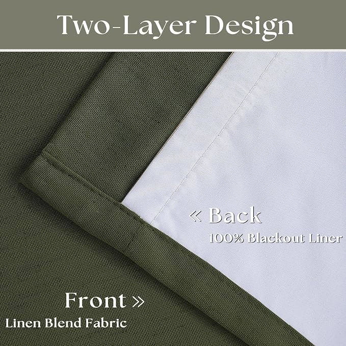 Olive Green Pleated Linen Blackout 102 Inch Curtains for Bedroom 2 Panels | 100% Black Out Thermal Insulated, Pinch Pleat with Rings Hooks, Room Darkening Drapes with Liner, for Living Room W40xL102