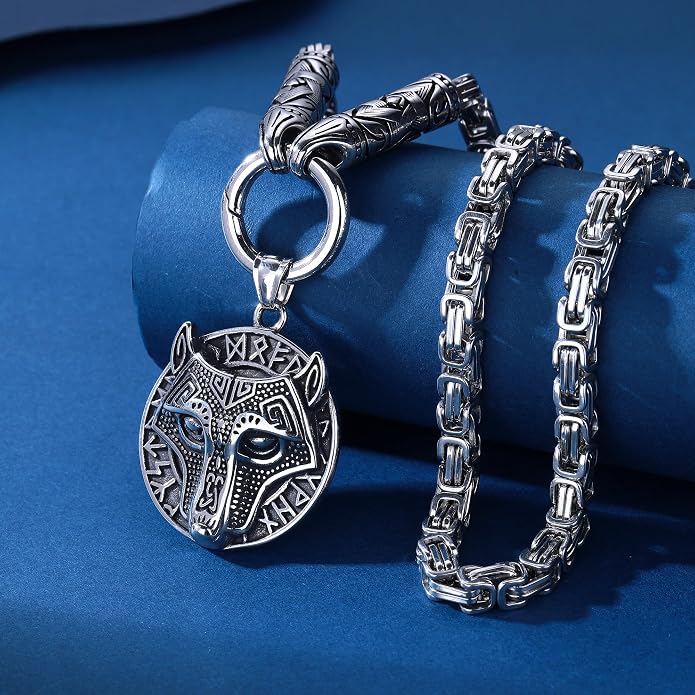 ROWIN&CO Viking Necklace for Men, Stainless Steel Nordic Runes Wolf Head Spearhead & Trinity Knot Pendant with Byzantine Chain Amulet, Norse Mythology Pagan Gothic Biker Jewelry Gift