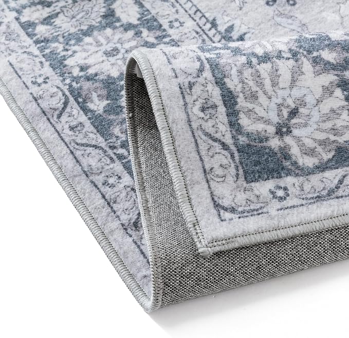 PureCozy 3x5 Area Rug Blue Washable Entryway Vintage Carpet Office Small Non Slip Stain Soft Resistant Low Pile Thin Boho Accent Indoor Throw Rug for Laundry Kitchen Bathroom Entrance Bedroom