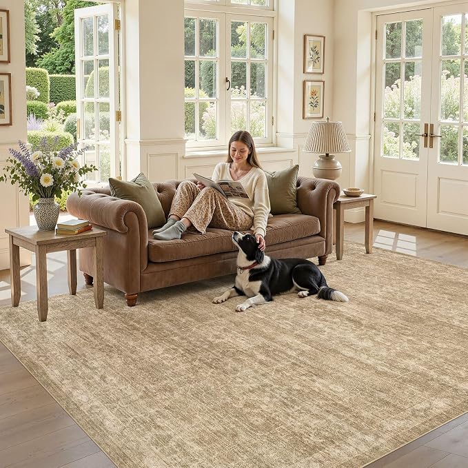 Nakagishi 8x10 Area Rugs Living Room: Washable Large Vintage Rug Neutral Non-Slip Soft Stain Resistant Indoor Carpet for Bedroom Nursery Dining Room Office Playroom - Dark Brown